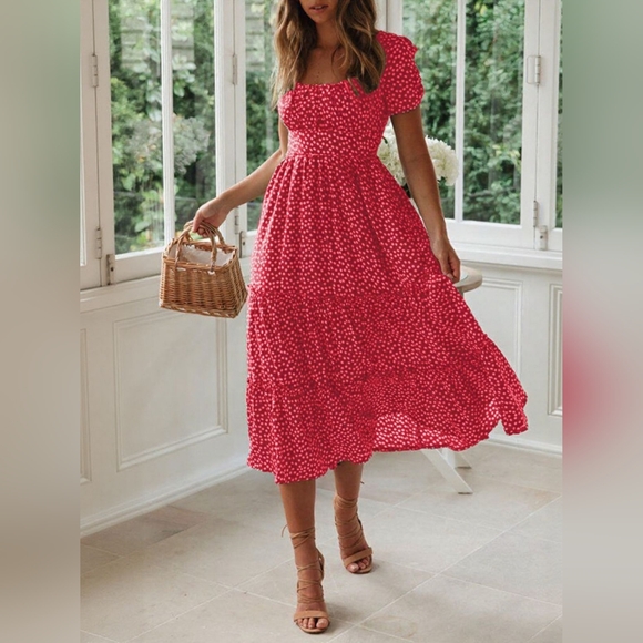 Red Ruffled Tiered Sundress-Printed Square Neck Short Sleeve Midi Dress - Picture 1 of 6